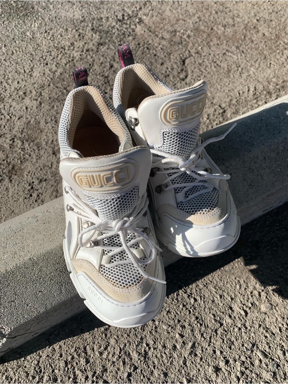 Gucci Flashtrek white & Cream Mesh Leather Sneakers